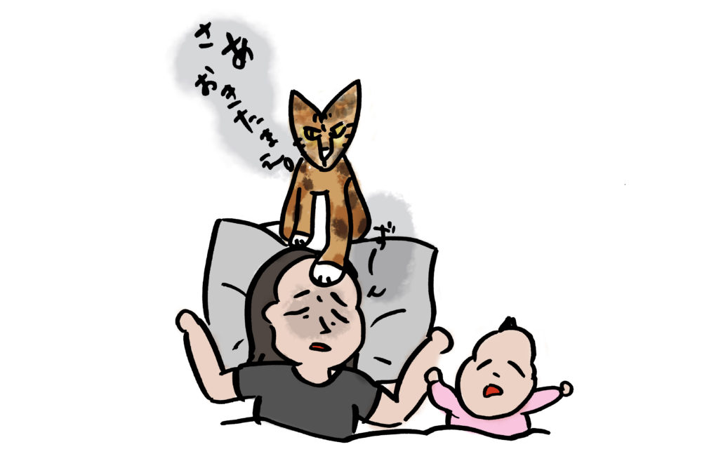 娘が起きない日に限って、猫が額に前足を乗せてきて早朝に起こされるイラスト。